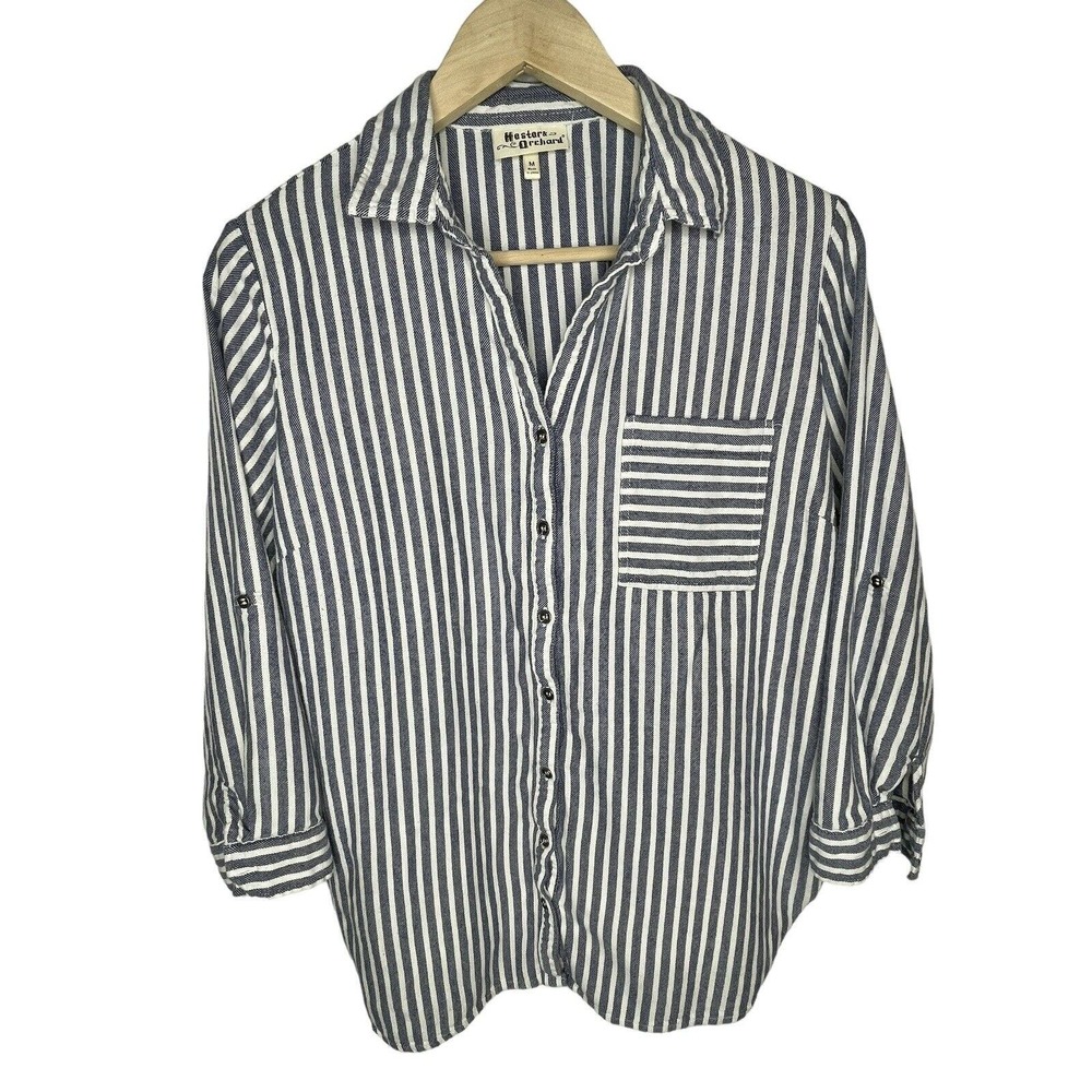 Hester Orchard Button Blouse Womens Size M Blue 3/4 Sleeve Pocket Shirt EUC
